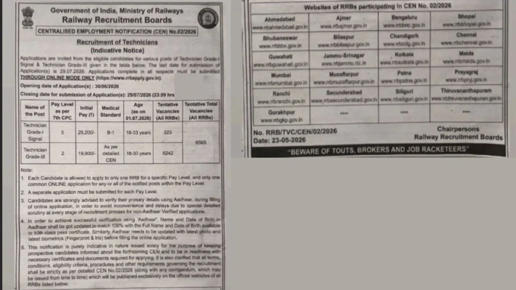 RRB Technician Vacancy 2026 Short Notification